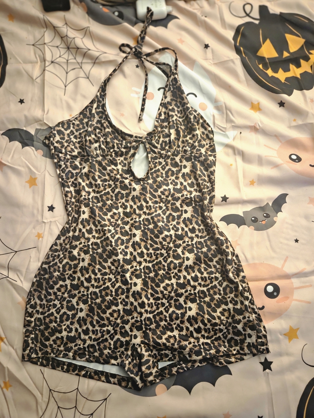 SHEIN Leopard Print Halter Romper in Brown & Black
